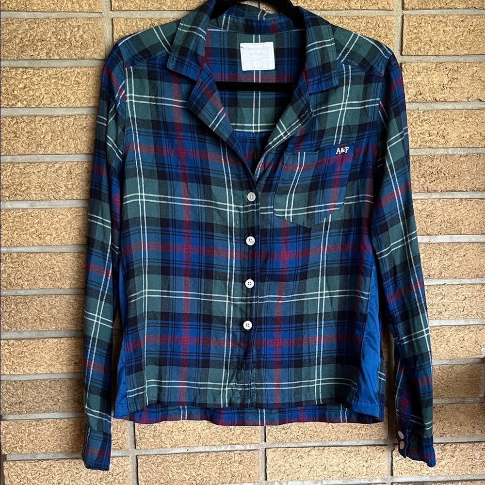 Abercrombie & Fitch Navy Green Plaid Cotton Pajama Top